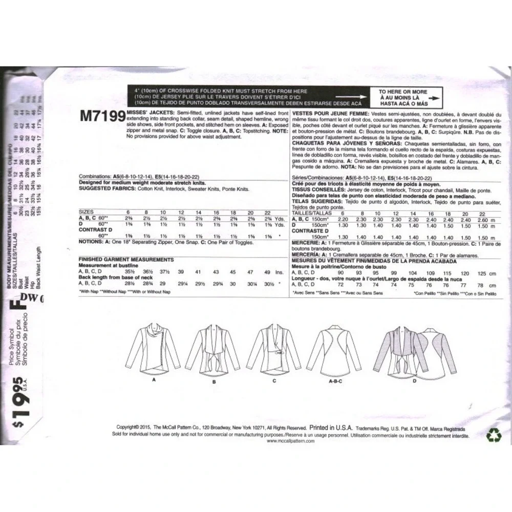 McCalls M7199 Sewing Pattern Misses Draped Cowl Neck Jackets Size 14-16 E5